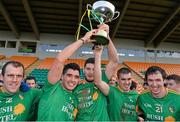 26 January 2014; Leitrim players, from left, Fergal Clancy, Emlyn Mulligan, Damien Moran, Paddy Maguire and Gerry Hickey, celebrate at the end of the game. FBD League, Final, Leitrim v Roscommon. Páirc Sean Mac Diarmada, Carrick on Shannon, Co. Leitrim. Picture credit: David Maher / SPORTSFILE