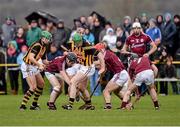 26 January 2014; Sylvie 'Og' Linnane, Fergal Moore and Ronan Burke, Galway, in action against Henry Shefflin and Mark Kelly, Kilkenny. Bord Na Mona Walsh Cup, Semi-Final, Kilkenny v Galway, St. Lachtain's GAA Club, Freshford, Co. Kilkenny. Picture credit: Ray McManus / SPORTSFILE