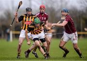 26 January 2014; Kilkenny's Shane Prendergast, supported by team mate Conor Fogarty, in action against Galway players Conor Cooney, right, and Jonathan Glynn. Bord Na Mona Walsh Cup, Semi-Final, Kilkenny v Galway, St. Lachtain's GAA Club, Freshford, Co. Kilkenny. Picture credit: Ray McManus / SPORTSFILE
