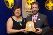 22 May 2005; GAA President Sean Kelly presents the GAA MacNamee Award for the 'Best County Final Programme' to Helena Kirwan. Burlington Hotel, Dublin. Picture credit; Ray McManus / SPORTSFILE