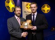 22 May 2005; GAA President Sean Kelly presents the GAA MacNamee Award for the 'Best Website' to John Friel representing St. Mary's Club, Ahoghill, Antrim. Burlington Hotel, Dublin. Picture credit; Ray McManus / SPORTSFILE