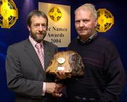 22 May 2005; GAA President Sean Kelly presents the GAA MacNamee Award for the 'Best Club Media Production' to Harry Greensmyth, on behalf of the Garryspillane GAA Club, Limerick. Burlington Hotel, Dublin. Picture credit; Ray McManus / SPORTSFILE