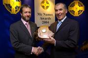 22 May 2005; GAA President Sean Kelly presents the GAA MacNamee Award for the 'Best Local Radio Programme' award to Kerry Radio presenter Weeshie Fogarty. Burlington Hotel, Dublin. Picture credit; Ray McManus / SPORTSFILE