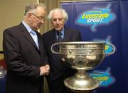 23 May 2005; Cavan stars Tont Tighe and John Wilson, right, in conversation at the inaugural Lucozade Sport sponsored Association of Sports Journalists in Ireland Sporting Legends lunch to honour the surviving members of the 1947 All-Ireland Football Final played in the Polo Grounds, New York. Jury's Hotel, Ballsbridge, Dublin. Picture credit; Ray McManus / SPORTSFILE