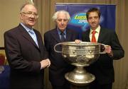 23 May 2005; Cavan stars Tony Tighe and John Wilson in conversation with Tom Cronin, Lucozade Sport, at the inaugural Association of Sports Journalists in Ireland Sporting Legends lunch to honour the surviving members of the 1947 All-Ireland Football Final played in the Polo Grounds, New York. Jury's Hotel, Ballsbridge, Dublin. Picture credit; Ray McManus / SPORTSFILE