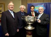 23 May 2005; Cavan stars Tony Tighe, left, and John Wilson, second from left, in conversation with Tom Cronin, Lucozade Sport, and Jimmy Magee, right, at the inaugural Association of Sports Journalists in Ireland Sporting Legends lunch to honour the surviving members of the 1947 All-Ireland Football Final played in the Polo Grounds, New York. Jury's Hotel, Ballsbridge, Dublin. Picture credit; Ray McManus / SPORTSFILE