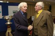 23 May 2005; John Wilson, Cavan, left, and Gus Cremin, Kerry, in conversation at the inaugural Lucozade Sport sponsored Association of Sports Journalists in Ireland Sporting Legends lunch to honour the surviving members of the 1947 All-Ireland Football Final played in the Polo Grounds, New York. Jury's Hotel, Ballsbridge, Dublin. Picture credit; Ray McManus / SPORTSFILE