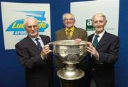 23 May 2005; Kerry stars, from left, Mick Finnucane, Gus Cremin, and Teddy Sullivan with the Sam Maguire Cup at the inaugural Lucozade Sport sponsored Association of Sports Journalists in Ireland Sporting Legends lunch to honour the surviving members of the 1947 All-Ireland Football Final played in the Polo Grounds, New York. Jury's Hotel, Ballsbridge, Dublin. Picture credit; Ray McManus / SPORTSFILE