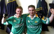 22 May 2005; Michael Foley, left and Gabriel Prior, Leitrim, celebrate in the dressing room after victory over Sligo. Bank of Ireland Connacht Senior Football Championship, Leitrim v Sligo, O'Moore Park, Carrick-on-Shannon, Co. Leitrim. Picture credit; Damien Eagers / SPORTSFILE