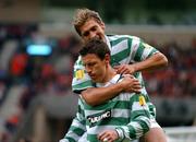 28 May 2005; Alan Thompson, bottom, Glasgow Celtic, celebrates after scoring his sides first goal with team-mate Stillian Petrov. Scottish Cup Final, Glasgow Celtic v Dundee United, Hampden Park, Glasgow, Scotland. Picture credit; David Maher / SPORTSFILE