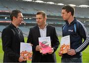 27 January 2014; Dessie Farrell, centre, CEO of the Gaelic Players Association, with former Armagh footballer Oisin McConville, left, and Offaly footballer Niall McNamee at the launch of the GAA/GPA Gambling Guidelines. Croke Park, Dublin. Picture credit: David Maher / SPORTSFILE