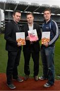 27 January 2014; Dessie Farrell, centre, CEO of the Gaelic Players Association, with former Armagh footballer Oisin McConville, left, and Offaly footballer Niall McNamee at the launch of the GAA/GPA Gambling Guidelines. Croke Park, Dublin. Picture credit: David Maher / SPORTSFILE