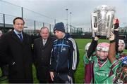 27 January 2014; Pictured are, from left to right, Minister for Transport, Tourism and Sport Leo Varadkar T.D, Uachtarán Chumann Lúthchleas Gael Liam Ó Néill and Dublin hurler John McCaffrey with children, from St. Ciaran's N.S, Hartstown, Co. Dublin, as they hold the Liam MacCarthy Cup, during the official opening of the multi-sport all weather pitches at the National Sports Campus, Blanchardstown, Dublin. Picture credit: David Maher / SPORTSFILE