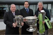 27 January 2014; Minister for Transport, Tourism and Sport Leo Varadkar T.D, centre, holding the Sam Maguire Cup, with Uachtarán Chumann Lúthchleas Gael Liam Ó Néill, left, holding the the Liam MacCarthy Cup, and FAI Chief Executive John Delaney, holding the Airtricity League Trophy, during the official opening of the multi-sport all weather pitches at the National Sports Campus, Blanchardstown, Dublin. Picture credit: David Maher / SPORTSFILE