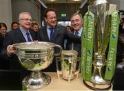 27 January 2014; Minister for Transport, Tourism and Sport Leo Varadkar T.D, with Sean Benton, right, Chairman NSCDA, and David Conway, Development Manager & Director of Operations at NSCDA, with the the Sam Maguire Cup, Liam MacCarthy Cup and FAI Airtricity League Trophy during the official opening of the multi-sport all weather pitches at the National Sports Campus, Blanchardstown, Dublin. Picture credit: David Maher / SPORTSFILE