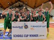 28 January 2014; St Malachys players celebrate with the cup after the game. All-Ireland Schools Cup U19A Boys Final, St Malachys v Presentation College Bray, National Basketball Arena, Tallaght, Co. Dublin. Photo by Sportsfile