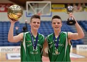 28 January 2014; Brothers Aidan Quinn, who was MVP, and St Malachys captain Conor Quinn celebrate after the game. All-Ireland Schools Cup U19A Boys Final, St Malachys v Presentation College Bray, National Basketball Arena, Tallaght, Co. Dublin. Photo by Sportsfile