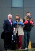 28 January 2014; In attendance at the official opening of Bray Boxing Club is Michael Ring, T.D., Minister of State for Tourism and Sport, left, along with boxers Katie Taylor and Adam Nolan, right. Bray Boxing Club, Bray, Co. Wicklow. Picture credit: Ramsey Cardy / SPORTSFILE