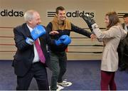 28 January 2014; In attendance at the official opening of Bray Boxing Club is Michael Ring, T.D., Minister of State for Tourism and Sport, left, along with boxers Katie Taylor, right, and Adam Nolan. Bray Boxing Club, Bray, Co. Wicklow. Picture credit: Ramsey Cardy / SPORTSFILE