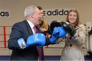 28 January 2014; In attendance at the official opening of Bray Boxing Club is Michael Ring, T.D., Minister of State for Tourism and Sport, left, along with boxers Katie Taylor, right, and Adam Nolan. Bray Boxing Club, Bray, Co. Wicklow. Picture credit: Ramsey Cardy / SPORTSFILE