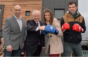 28 January 2014; In attendance at the official opening of Bray Boxing Club are, from left, Pete Taylor, Michael Ring, T.D., Minister of State for Tourism and Sport, with boxers Katie Taylor and Adam Nolan. Bray Boxing Club, Bray, Co. Wicklow. Picture credit: Ramsey Cardy / SPORTSFILE