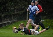 28 January 2014; DJ Donnelly, The High School, goes over to score his side's first try. Fr. Godfrey Cup, Semi-Final, St. Andrew's College v The High School, Ballycorus, Kiltiernan, Co. Dublin. Picture credit: David Maher / SPORTSFILE