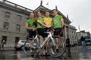 29 January 2014; In attendance at the launch of the 2014 An Post Rás is model Aoife Cogan with Irish riders, from left, Roger Aiken, Connor McConvey and Ronan McLaughlin. The race will begin on Sunday May 18th, in Dunboyne, Co. Meath, and finish on Sunday May 25th, in Skerries, Co. Dublin. An Post Rás 2014 Launch, GPO, O'Connell Street, Dublin. Picture credit: Brendan Moran / SPORTSFILE