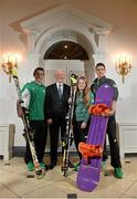 29 January 2014; In attendance at the announcement of the Ireland 2014 Winter Olympic team is Pat Hickey, Chairperson of the European Olympic Committee and President of the Olympic Council of Ireland, second from left, with Team Ireland Winter Olympic athletes Conor Lyne, left, Florence Bell and Seamus O'Connor, right. The Merrion Hotel, Dublin. Picture credit: Ramsey Cardy / SPORTSFILE