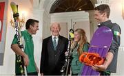 29 January 2014; In attendance at the announcement of the Ireland 2014 Winter Olympic team is Pat Hickey, Chairperson of the European Olympic Committee and President of the Olympic Council of Ireland, second from left, with Team Ireland Winter Olympic athletes Conor Lyne, left, Florence Bell and Seamus O'Connor, right. The Merrion Hotel, Dublin. Picture credit: Ramsey Cardy / SPORTSFILE