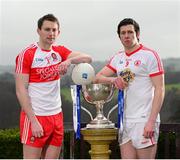 29 January 2014; James Kielt, Derry, left, and Sean Cavanagh, Tyrone, following a press conference at the Allianz Football League Belfast launch. Malone House, Barnett Demesne, Belfast, Co. Antrim. Picture credit: Oliver McVeigh / SPORTSFILE