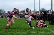 29 January 2014; Jack Hutchinson, Belvedere College, dives over to score his side's second try of the game despite the tackle of David Poff, Wesley College. Beauchamps Leinster Schools Senior Cup, 1st Round, Belvedere College v Wesley College, Balbriggan RFC, Co. Dublin. Picture credit: Ramsey Cardy / SPORTSFILE