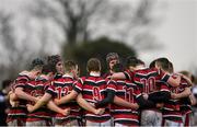 29 January 2014; Wesley College players form a huddle during the half time break. Beauchamps Leinster Schools Senior Cup, 1st Round, Belvedere College v Wesley College, Balbriggan RFC, Co. Dublin. Picture credit: Ramsey Cardy / SPORTSFILE