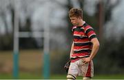 29 January 2014; A dejected Jedd Pratt, Wesley College, at the end of the match. Beauchamps Leinster Schools Senior Cup, 1st Round, Belvedere College v Wesley College, Balbriggan RFC, Co. Dublin. Picture credit: Ramsey Cardy / SPORTSFILE