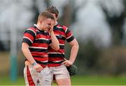 29 January 2014; Adam Garvey, left, and Jedd Pratt, Wesley College, at the end of the match. Beauchamps Leinster Schools Senior Cup, 1st Round, Belvedere College v Wesley College, Balbriggan RFC, Co. Dublin. Picture credit: Ramsey Cardy / SPORTSFILE