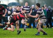 29 January 2014; Ben Deverell, Kilkenny College, is tackled by John Molony, left, and Daniel O'Leary, Clongowes Wood College. Beauchamps Leinster Schools Senior Cup, 1st Round, Clongowes Wood College v Kilkenny College, NUI Maynooth, Maynooth, Co. Kildare. Picture credit: David Maher / SPORTSFILE