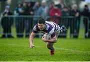 29 January 2014; Cian O'Donoghue, Clongowes Wood College, goes over to score his side's fourth try. Beauchamps Leinster Schools Senior Cup, 1st Round, Clongowes Wood College v Kilkenny College, NUI Maynooth, Maynooth, Co. Kildare. Picture credit: David Maher / SPORTSFILE
