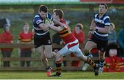 29 January 2014; Calvin Nash, Crescent College Comprehensive, is tackled by Ben O'Callaghan, CBC. SEAT Munster Schools Senior Cup, 1st Round, Crescent College Comprehensive v CBC Cork, Old Crescent RFC, Rosbrien, Limerick. Picture credit: Diarmuid Greene / SPORTSFILE