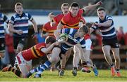 29 January 2014; Will Leonard, Crescent College Comprehensive, is tackled by David Grufferty, left, and Shane McAuliffe, CBC Cork. SEAT Munster Schools Senior Cup, 1st Round, Crescent College Comprehensive v CBC Cork, Old Crescent RFC, Rosbrien, Limerick. Picture credit: Diarmuid Greene / SPORTSFILE