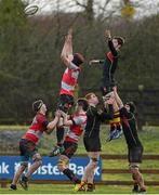 30 January 2014; Ben Clancy, Glenstal Abbey, contests a lineout with Jerry McCabe, Ard Scoil Rís. SEAT Munster Schools Senior Cup, 1st Round, Ard Scoil Rís v Glenstal Abbey, Old Crescent RFC, Rosbrien, Limerick. Picture credit: Diarmuid Greene / SPORTSFILE