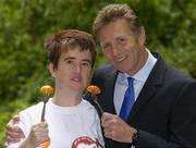 27 May 2005; Athletics legend Eamon Coghlan with Special Olympics athlete Susan Murray at the eircom staff Healthy Friday session in aid of the Special Olympics Ireland GO! campaign. eircom staff fundraising events include sponsored car washing and gathering top tips for a healthy lifestyle whilst supporting the recruitment of new athletes into Special Olympics Ireland. eircom Head Office, St. Stephens Green, Dublin. Picture credit; Brian Lawless / SPORTSFILE