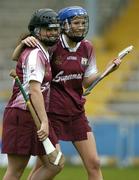 29 May 2005; Galway players Emma Kilkelly, left, and Aislinn Connolly celebrate victory at the final whistle. National Camogie League, Division 1 Final, Galway v Cork, Semple Stadium, Thurles, Co. Tipperary. Picture credit; Brendan Moran / SPORTSFILE