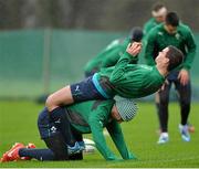 31 January 2014; Ireland's Jonathan Sexton and Rob Kearney during squad training ahead of their RBS Six Nations Rugby Championship match against Scotland on Sunday. Ireland Rugby Squad Training, Carton House, Maynooth, Co. Kildare. Picture credit: Matt Browne / SPORTSFILE