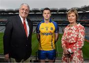 31 January 2014; Pictured are, from left, John Murphy, Hospice, Donie Shine, Roscommon, and Lily Murphy, Hospice at the launch of the new Roscommon senior jersey for 2014. Croke Park, Dublin. Picture credit: Ramsey Cardy / SPORTSFILE
