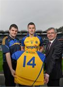 31 January 2014; Pictured are, from left, Brian Carroll, Secretary, Roscommon County Board, Donie Shine, Roscommon, and Thomas Carthy, BNP Paribas, at the launch of the new Roscommon senior jersey for 2014. Croke Park, Dublin. Picture credit: Ramsey Cardy / SPORTSFILE