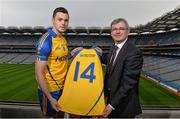 31 January 2014; Donie Shine, Roscommon, left, and Thomas Carthy, BNP Paribas, in attendance, at the launch of the new Roscommon senior jersey for 2014. Croke Park, Dublin. Picture credit: Ramsey Cardy / SPORTSFILE