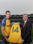 31 January 2014; Donie Shine, Roscommon, left, and Thomas Carthy, BNP Paribas, in attendance, at the launch of the new Roscommon senior jersey for 2014. Croke Park, Dublin. Picture credit: Ramsey Cardy / SPORTSFILE