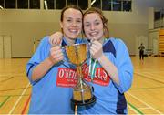 31 January 2014; UCD captain Ciara Grant, left, and Catherine Cronin celebrate with the cup after victory over IT Sligo. WSCAI National Futsal Final, The Mardyke, UCC, Cork. Picture credit: Diarmuid Greene / SPORTSFILE