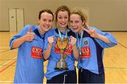 31 January 2014; UCD players, from left to right, captain Ciara Grant, Catherine Cronin and Julie-Ann Russell celebrate with the cup after victory over IT Sligo. WSCAI National Futsal Final, The Mardyke, UCC, Cork. Picture credit: Diarmuid Greene / SPORTSFILE