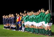 31 January 2014; Both teams stand during the National Anthem. Women's Six Nations Rugby Championship, Ireland v Scotland, Ashbourne RFC, Ashbourne, Co. Meath. Picture credit: Ramsey Cardy / SPORTSFILE
