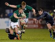 31 January 2014; Peter Robb, Ireland, is tackled by Magnus Bradbury, Scotland. U20 Six Nations Rugby Championship, Ireland v Scotland, Dubarry Park, Athlone, Co. Westmeath. Picture credit: David Maher / SPORTSFILE